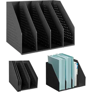 Collapsible Magazine File Holder with 4 Compartment Plastic Binder Folder for Desk Hollow Documents Foldable Organizer Desktop Files Cabinet Shelf Frames Divider Rack Display and Storage
