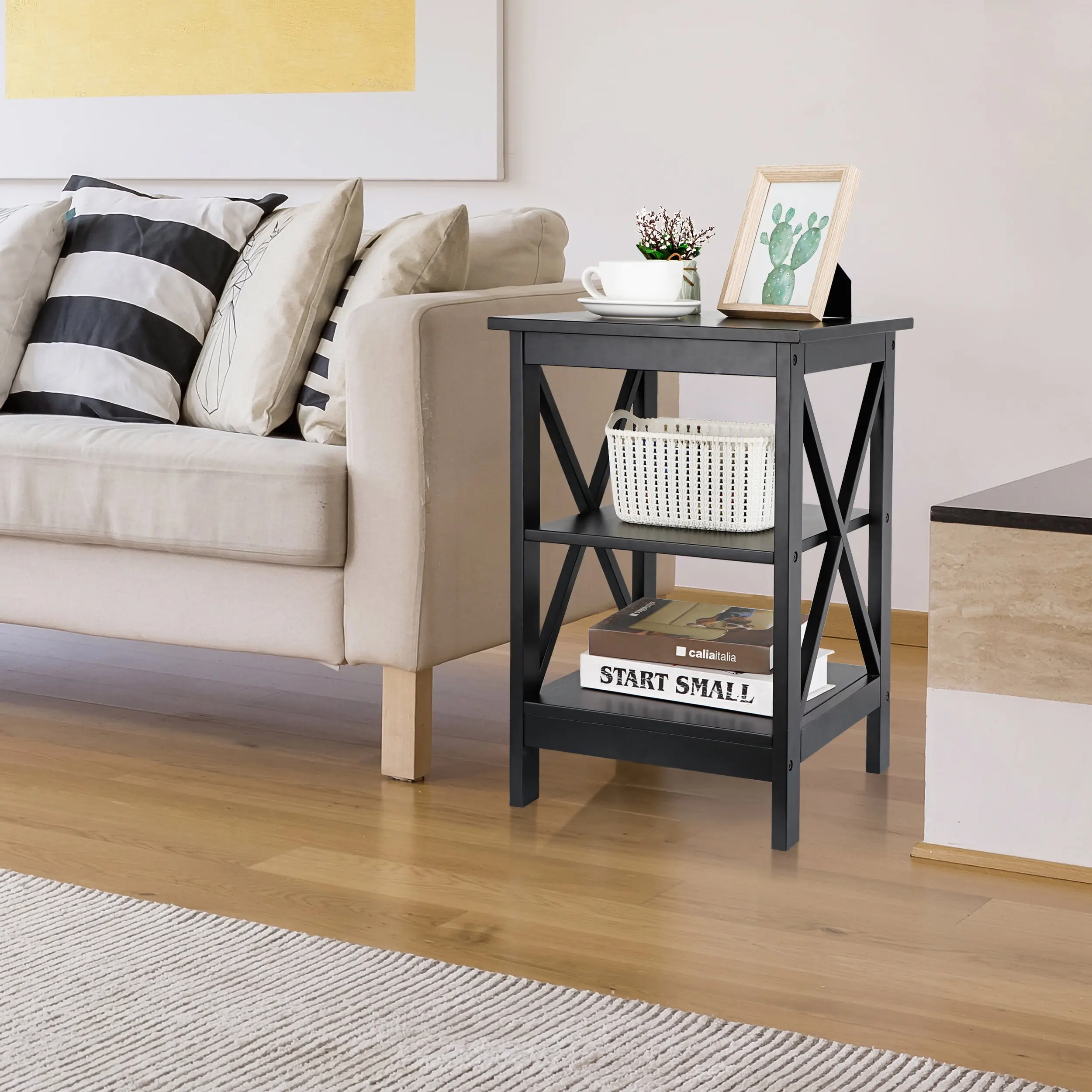 ZENY 3-Tier Square End Table Modern Minimal Black, MDF Wood with X-Frame Design, Sturdy Space Saving Side Table, 110lb Top Capacity. Accent Nightstand for Living Room Bedroom Decor, Quick Setup.