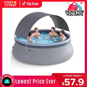 COSTWAY Inflatable Pool with Canopy, Large Round Above Ground Swimming Pool w/ 2 Air Chambers, Repair Patch, Top Ring Blow Up Pools for Backyard, Lawn, Garden,4th of july decor, dad gift
