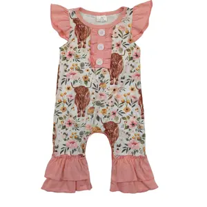 SR0010--Toddlers Pink Pearl Sleeve Western Highland Cow Pink Baby Girls Romper