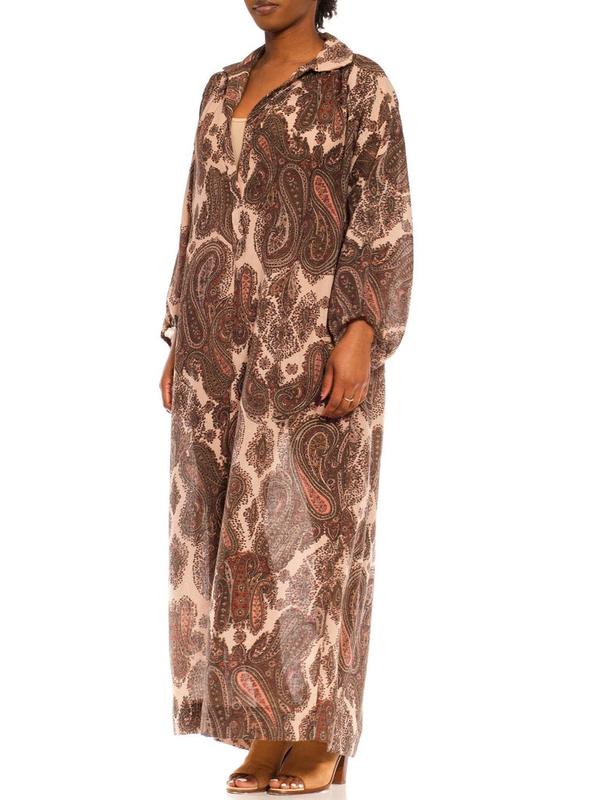 1970S GLORIA VANDERBIL Cream & Olive Green Paisley Poly Blend Boho Shirt Dress With Belt