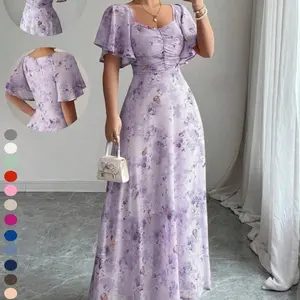 Women's Chiffon Batwing Sleeve Dress with Butterfly Print, Pleated Design, Sweet French Style for Summer Fashion