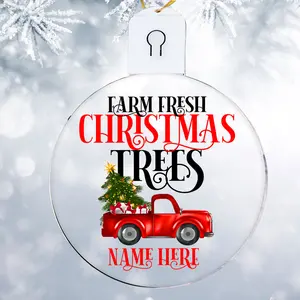 Red Truck Personalized Ornaments, Farm Fresh Christmas Tree Custom Ornament with Name, Farmhouse Christmas Decoration, Xmas Vintage Hanging Decor Gift, Holiday Ceramic 3" Keepsake Gifts for Family