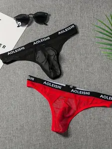 Men's Letter Print Contrast Mesh Thong, Breathable Comfy Thong for Daily Wear, Sexy Underwear for Men