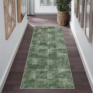 GARVEE Washable Modern Abstract Runner Rug: Non-Slip, Stain-Resistant, Farmhouse Checkered Design for Kitchen, Hallway, Doorway, Bedside - Available in Sage and Grey, 2' x 6' Size