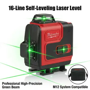 Milwaukee 16-Line Horizontal Vertical Cross Line Laser Level for Construction Layout with M12 Lithium Battery and High Precision Accuracy
