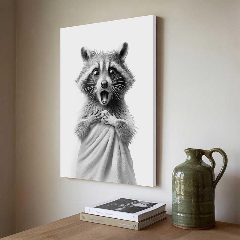 Framed Wall Art with Raccoon in Towel, 12x16in Funny Animal Bathroom Canvas Print, Black and White Raccoon Poster, Cute Raccoon Picture Wall Decor for Bathroom, Kids' Room, Bedroom, Nursery, Home