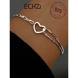 S925 Sterling Silver Heart Design Chain Bracelet, Fashionable Hand Chain Jewelry for Women & Girls, Trendy All-match Exquisite Heart Shaped Bracelet for Birthday Gift