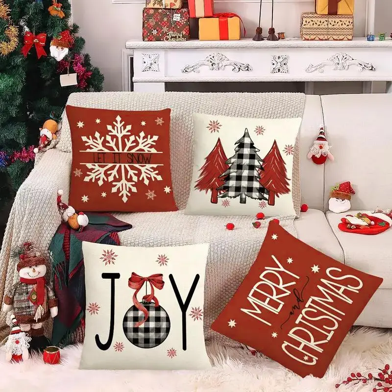 Christmas Themed Cushion Cover, 4 Counts/set Merry Christmas Letter & Snowflake & Tree Pattern Cushion Cover without Filler, Household Decoration Supp