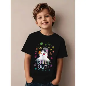 Boys' Frosty the Snowman T-Shirt - Iconic Winter Snowman Print Short Sleeve Round Neck Top, Machine Washable Cold Weather Outfit for Playdates & Christmas Parties, Casual Comfortable Boys' Clothing with Frosty Design (Black)