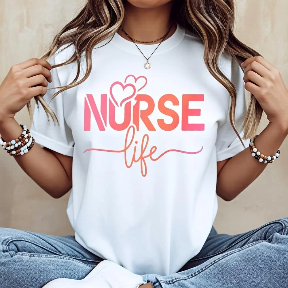 Nurse Life Heart Print Graphic T-Shirt, Nursing Career Appreciation Gift Top, Casual Daily Wear For Healthcare Workers