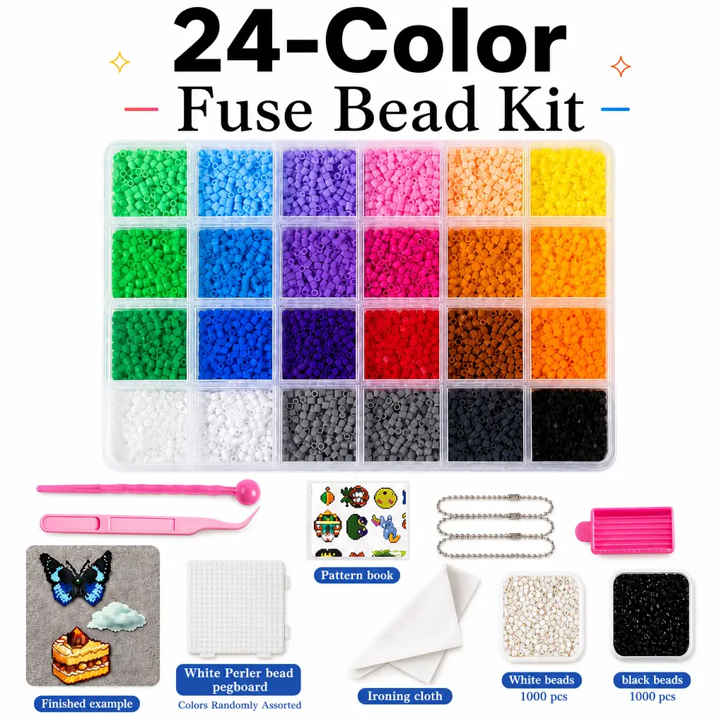 24-Color Fuse Beads Kit, 2.6mm Beads for DIY Pixel Puzzle Craft Art with Nail Board, Ironing Paper, Tweezers and DIY Beading Accessories for Kids Adults