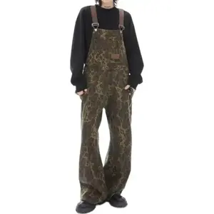 Wide Leg Multi Pocket Leopard Print Denim Sleeveless Jumpsuit, Seasonal Casual Vintage Fashion for Women Womenswear Overalls Fitted Mixed Color Strap Strappy