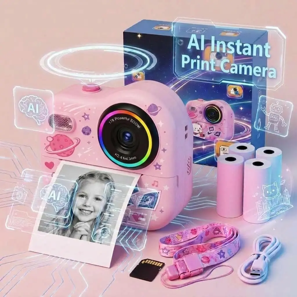 Smart AI Instant Print Camera for Kids – Voice Pic, Magic Cam, Role Talk, AI Refine, AI Q&A, 48MP HD, 1080P Video, 2.4" Screen, No Ink Thermal Print, Wi-Fi, Gift for Kids 3-12
