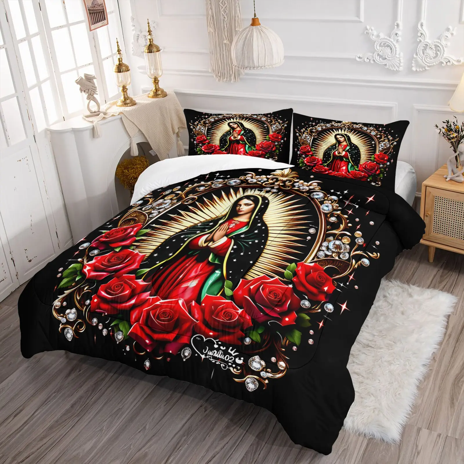 Our Lady of Guadalupe Rose & Diamond Comforter Set - Durable Material Comfy Bed Sets, 1 Quilt + 1/2 Pillowcases, Religious Devotional Bedding for Faithful & Home Decor Enthusiasts, Ideal for Bedrooms, Dorms & Guest Rooms, Decorative Theme Bedding Set