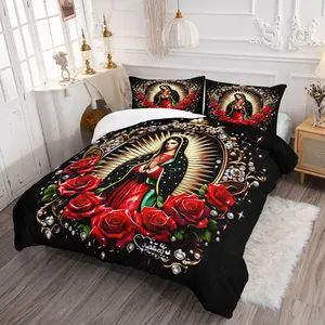 Our Lady of Guadalupe Rose & Diamond Comforter Set - Durable Material Comfy Bed Sets, 1 Quilt + 1/2 Pillowcases, Religious Devotional Bedding for Faithful & Home Decor Enthusiasts, Ideal for Bedrooms, Dorms & Guest Rooms, Decorative Bedding Set