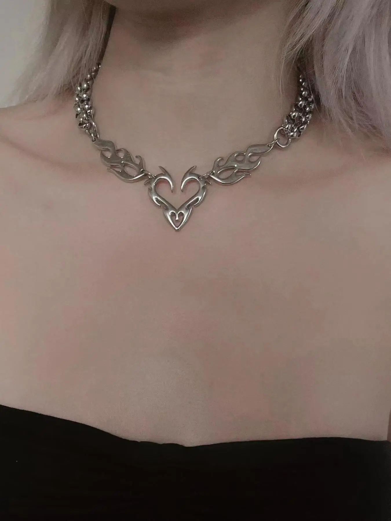 Punk Style Hollow Out Flame Design Stainless Steel Chain Necklace, Accessories for Men, Fashion Heart Design Tarnish Proof Jewelry for Party, Daily De