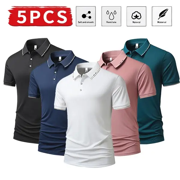 5-Pack Men's Short-Sleeve Polo Shirts - Solid Color, Soft Breathable Skin-Friendly Fabric, Relaxed Fit, Multiple Shades, Suitable for Everyday Wear