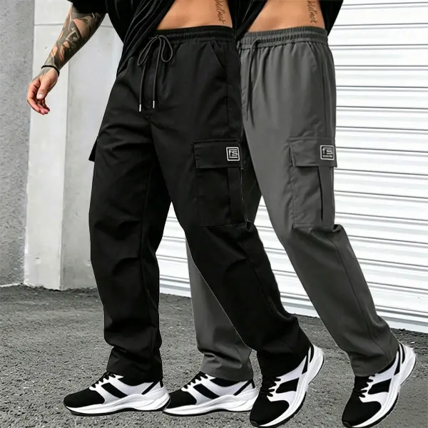 Men's 2-Pack Cargo Pants, Plain Loose Fit Baggy Trousers with Utility Pockets, Casual Outdoor Bottoms for Spring & Autumn, Knitting, 7501 Khaki + Khaki