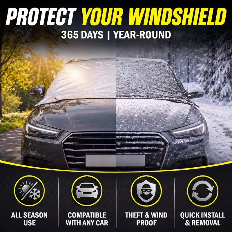 Windshield cover shown for summer and winter use