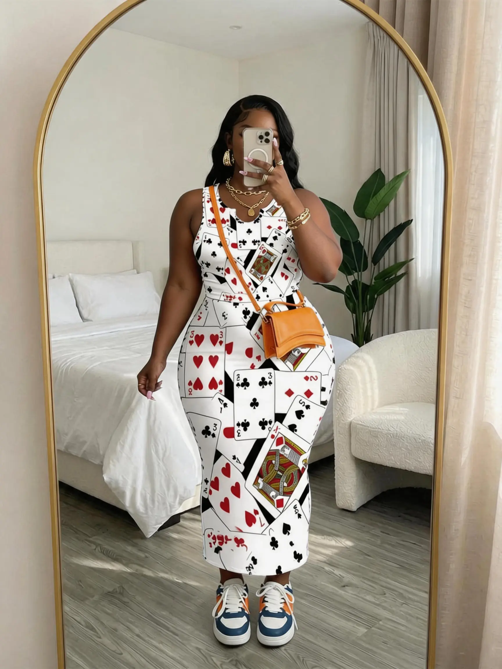Women's Plus-Size Poker Print V-Neck Sleeveless Top & Fitted Stretch Midi Skirt 2-Piece Set (0XL-8XL), Fashionable Casual Outing Wear