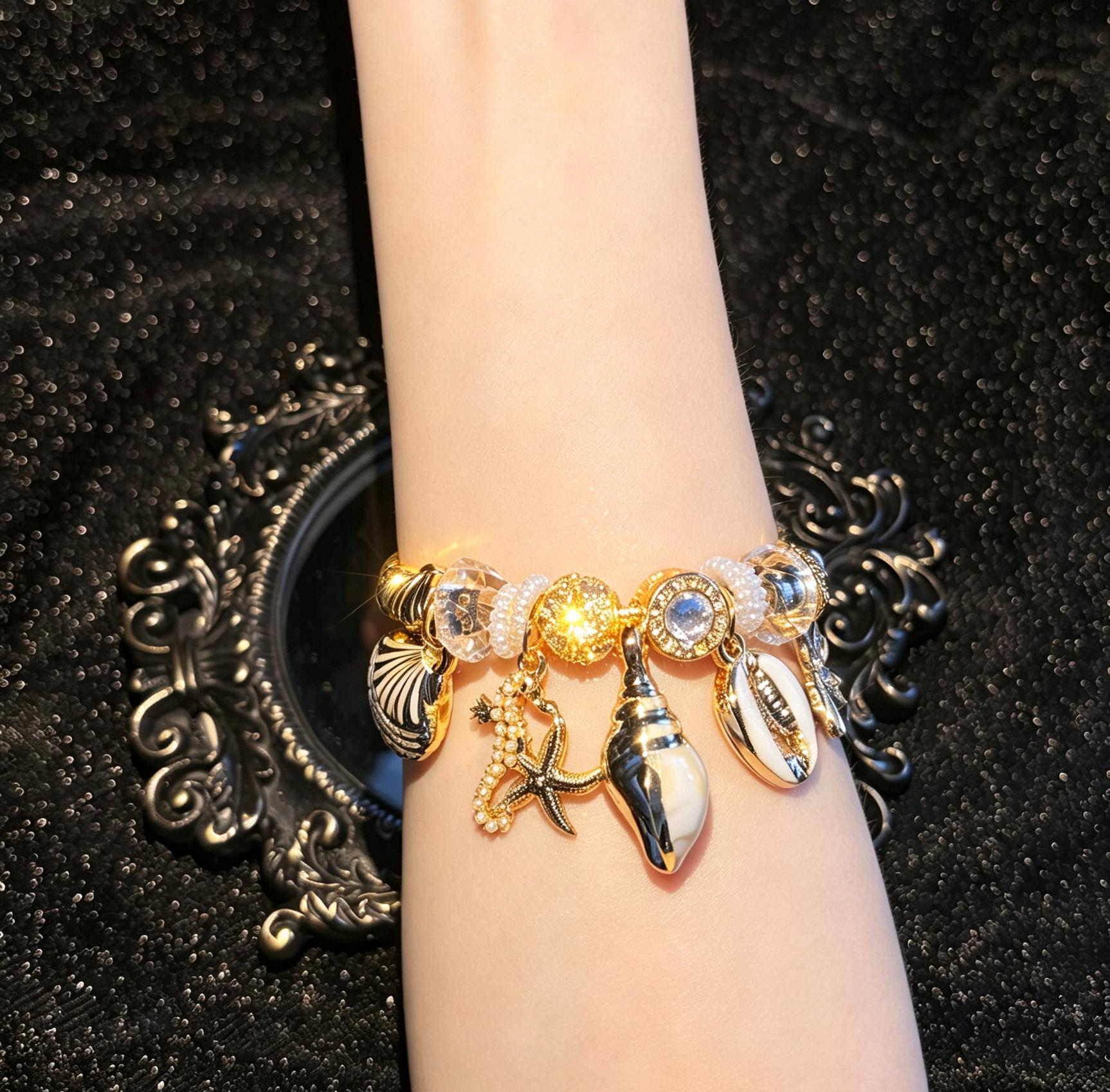 Gold Tone Open Cuff Bangle Bracelet, Ocean Theme Shell Starfish Seahorse Dangle Charms, Crystal Beaded Bracelet, Fashion Jewelry Gift for Women Teen Girls Gold Tone Open Cuff Bangle Bracelet, Ocean Theme Shell Starfish Seahorse Dangle Charms, Crystal Beaded Bracelet, Fashion Jewelry Gift for Women Teen Girls