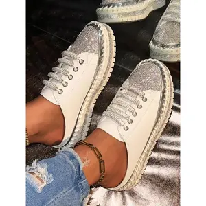 Women's Fashionable Rhinestone Decorated Lace Up Platform Sneakers, Casual Comfortable Low Top Shoes for Daily Wear, Perfect for Students and Outdoor Sports, Closed