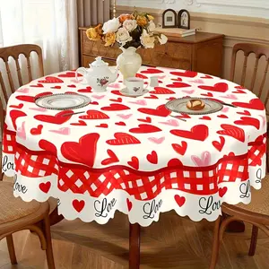 1pc Valentine'S Day Red Heart Tablecloth | Red & Pink Heart Round Table Cover, Perfect For Valentine'S Day Party Celebrations, Polyester Material, Machine Made, by Patimate