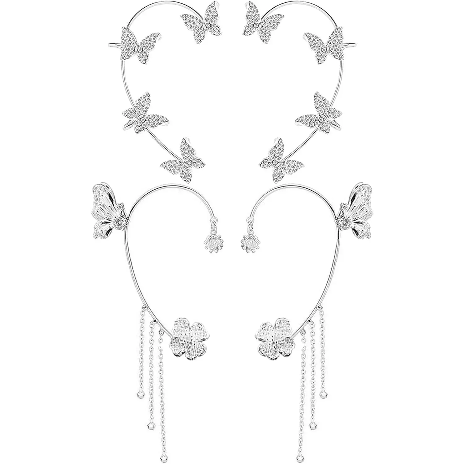 2 Pairs Dainty  Butterfly Ear Cuffs & Wraps for Women Non  Bling Butterfly Tassel Style Zircon Earrings Ear Clips Bridal Wedding
