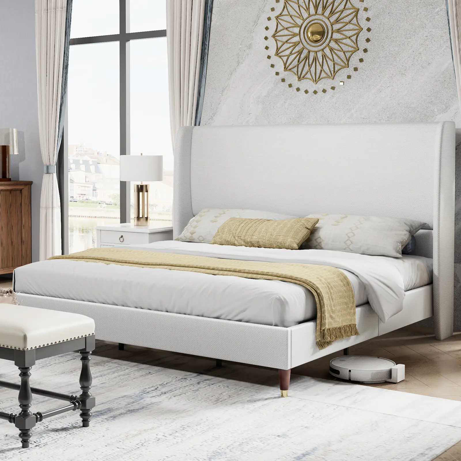 VanAcc Modern Platform Bed Frame with 51.2" High Headboard, Linen Upholstered Bed with Solid Wood Legs, No Box Spring Required