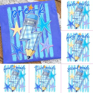 Preppy Back to School Shirt, Blue Gingham Lightning Bolt Stars, Pre-K Kindergarten 1st 2nd 3rd 4th Grade School Boy Sublimation Design