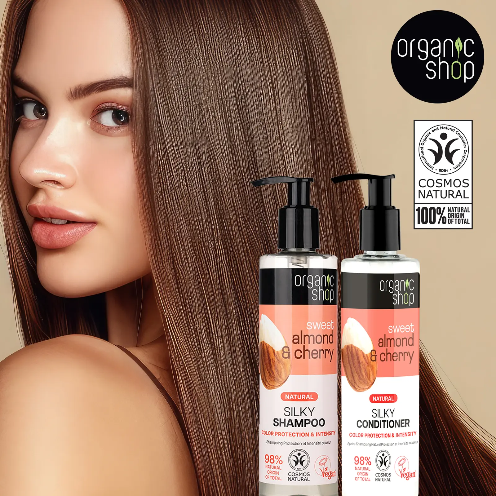 Organic Shop Almond Oil & Organic Cherry - Color Protection Shampoo & Conditioner, 100% Vegan & Organic, Rich In Vitamins & Minerals, Silky Hydration & Nourishing. 9.5 Fl Oz