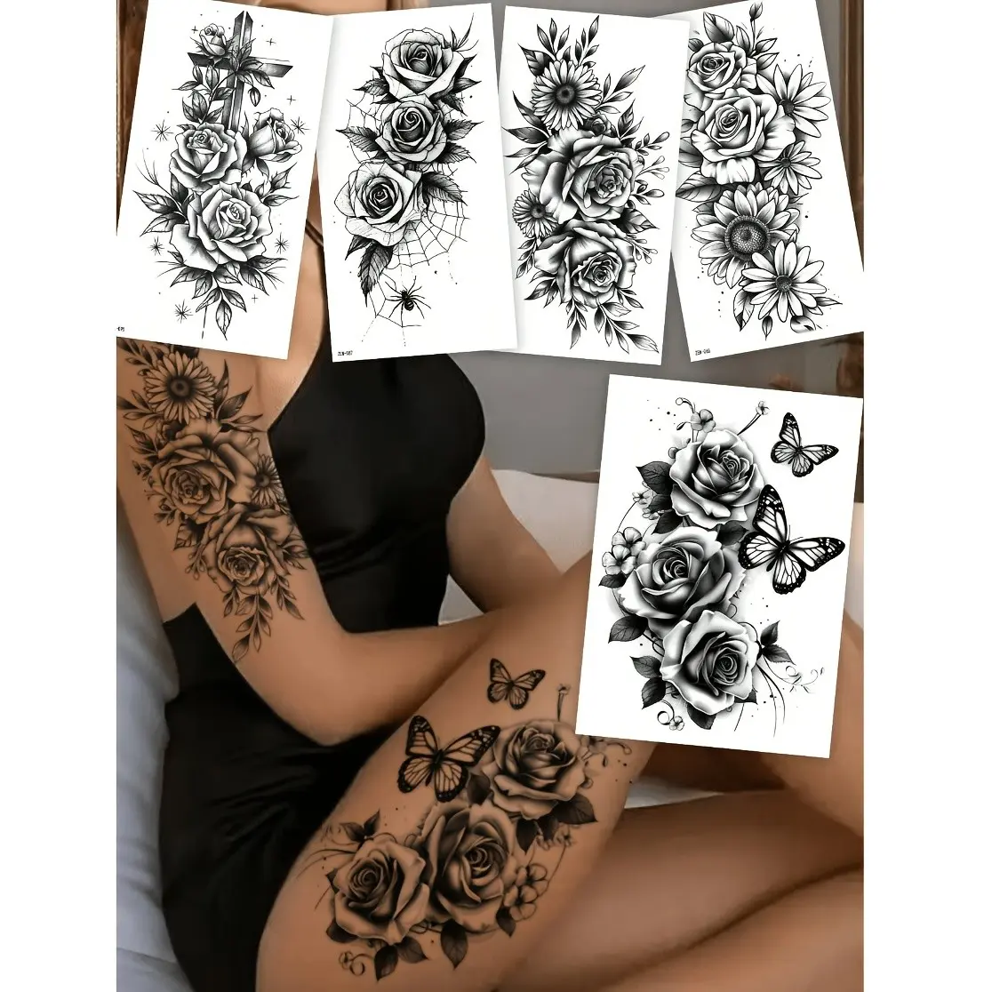 5pcs Waterproof Temporary Tattoos for Women, Floral Butterfly Cross Spider Web Designs, Sexy Realistic Body Stickers for Festivals Parties and Outings, Arm Temporary Tattoos, Temporary Fake Tattoos