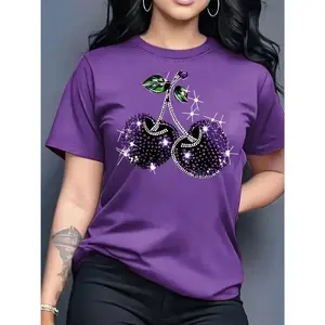 Cherry Spring and Summer Printed Women's Casual Round Neck Short Sleeve T-Shirt