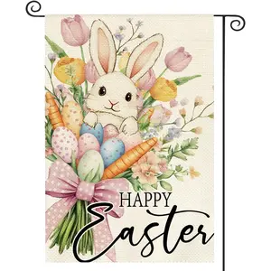 1Pc Easter Rabbit Flowers Garden Flag 12x18-inch Double-sided Polyester Outdoor Yard Flag Versatile Holiday Decoration