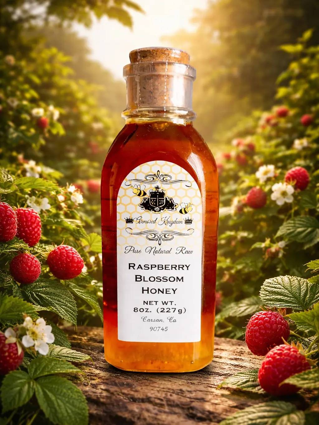 The Armored Kingdom Certified Organic Raw Raspberry-Blossom Honey, 12 oz Antioxidant Cholesterol-Free All-Ages Gluten-Free Low-Sodium Sweetener with Subtle Raspberry Undertones, 64-Calorie Ambient Smooth Silky Golden Amber Glass Bottle, Flavor