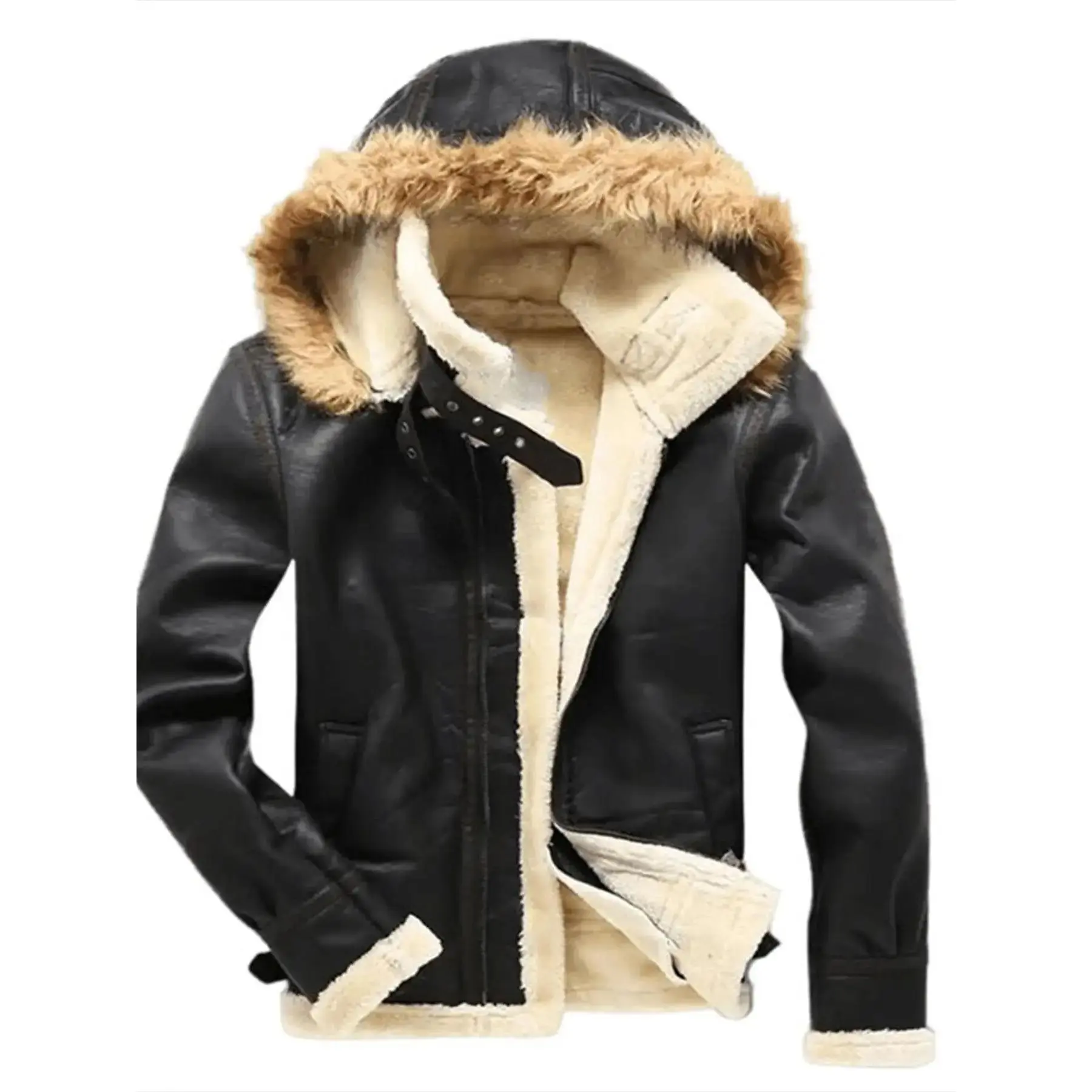 Men's Full-Zip Winter Jacket with Real Fur Collar & - Burgundy/White Coat, Warm, Hand Washable, Ideal for Cold Weather & Casual Outfits