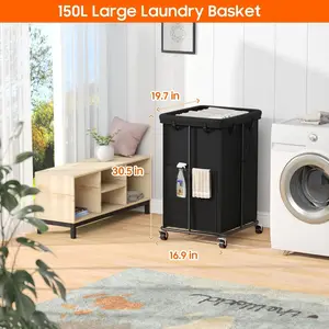 150L Rolling Laundry Hamper with Wheels, Metal Frame and Removable Bag - Large Tall Black Dirty Clothes Basket for Bedroom, Laundry Room
