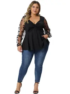 Agnes Orinda Plus Size Long Sleeve V Neck Mesh Sheer Peplum Top Babydoll Shirts