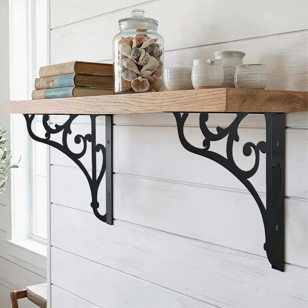 Lace-style Cutout Floating Shelf Brackets (Set of 2) — Sturdy, durable, and easy-to-install wall-mounted brackets blending Asian Zen aesthetics; suitable for storage and decorative display in kitchens, bathrooms, bedrooms, and balconies.