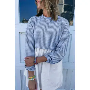 Sky Blue Stripe Patchwork Pleated High Waist Loose Mini Dress