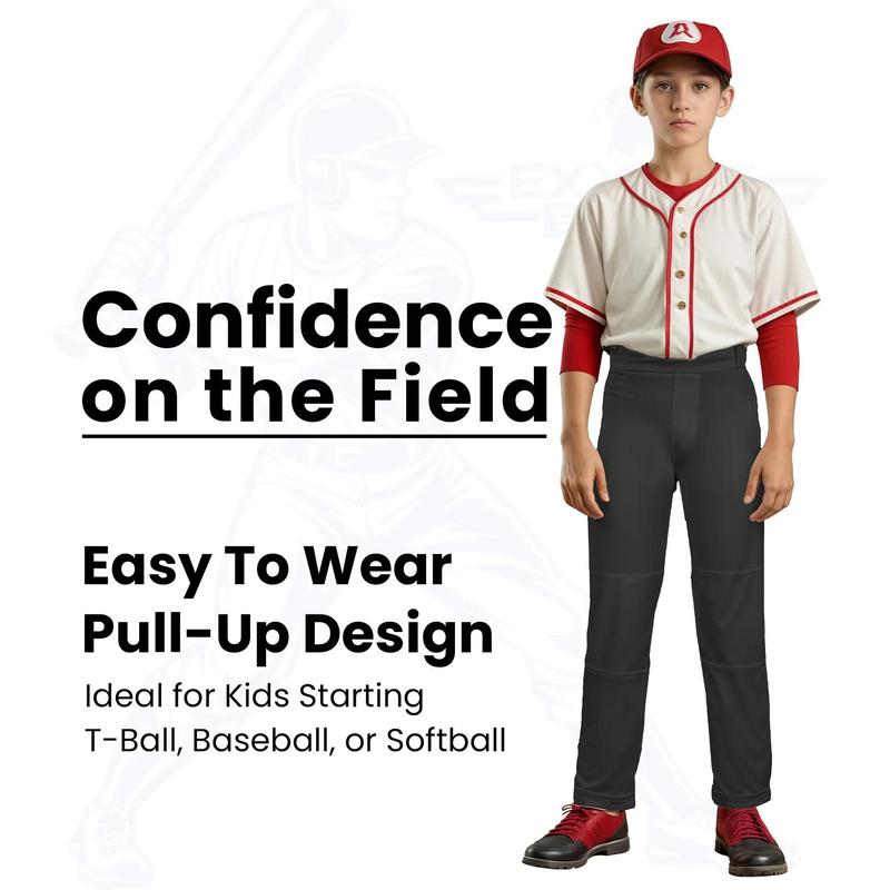 Exxact Sports Pull-Up Youth Baseball Pants with Adjustable Drawstring, Full-Length, No-Fly, Open Bottom Boys Baseball Pants (Black)