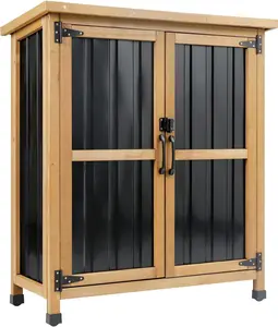 Wood & Metal Outdoor Storage Cabinet with Waterproof Roof, Garden Tool Shed with 4 T-Hinge, 4 Adjustable feet and Magnetic Door, 2 Removable Shelves, Easy Installation, 13.5" D x 34.5" W x 39" H