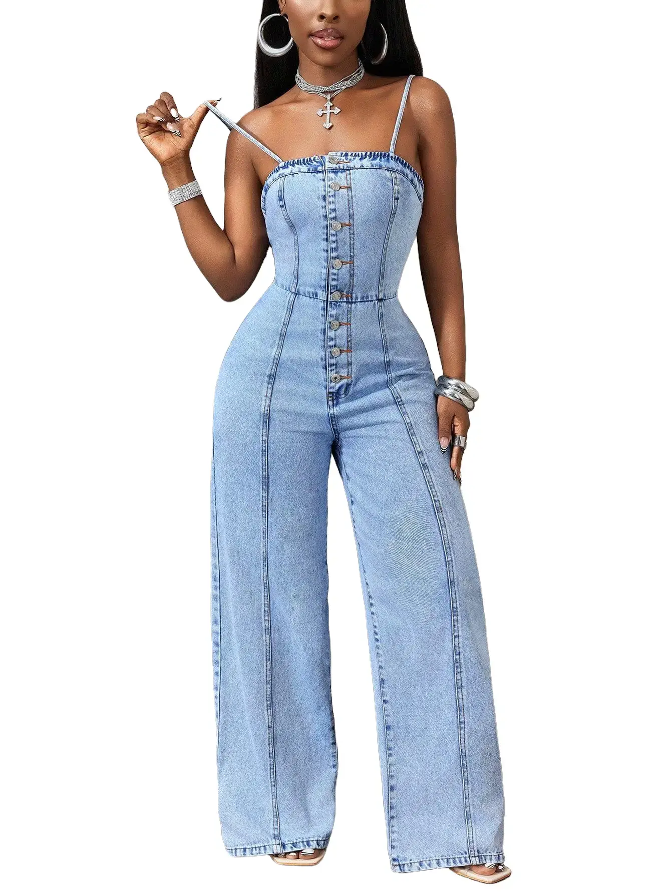 Women's 2026 New Basic Denim Jumpsuit - Spaghetti Strap, Off-Shoulder, Sleeveless, Rhinestone Accent, Cotton-Linen Polyester Blend, Stylish Summer Overall Suit, Lady, Minimalist, Below The Ankle, Plain, Full Length