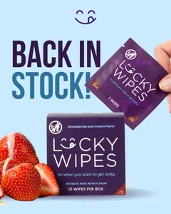 BACK IN STOCK! Lucky Wipes For Men Strawberries and Cream Flavored Wipes 10 Wipes per Box - Scented, Gentle, Personal Care, pH Optimized Vegan and Cruelty Free