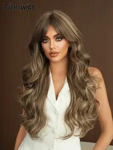 Long Curly Brown Highlights Wig for Women 26 Inch Loose Wavy Wig with Curtain Bangs Natural Looking Synthetic Wavy Hairstyle Heat Resistant Fiber Hair Wigs for Women Daily Party Rave Use