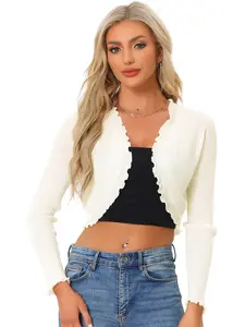INSPIRE CHIC Crop Shrug Ruffle Trim Long Sleeve Knit Open Front Casual Bolero Cardigan