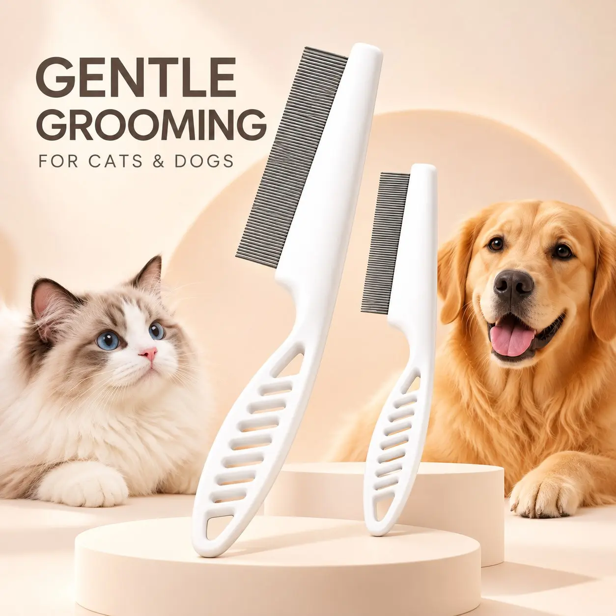 Dog & Cat Fine-Tooth Stainless Steel Flea Combs, 2-Pack Small & Large Sizes for Pet Grooming, Removes Fleas, Dirt & Loose Hair