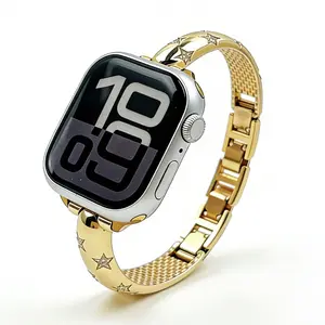 Gold Star Diamond Stainless Steel Band Compatible with Apple Watch 38mm-49mm, Luxury Fade-Resistant Waterproof Sweatproof Bracelet Strap for Women Series 11/10/SE/Ultra