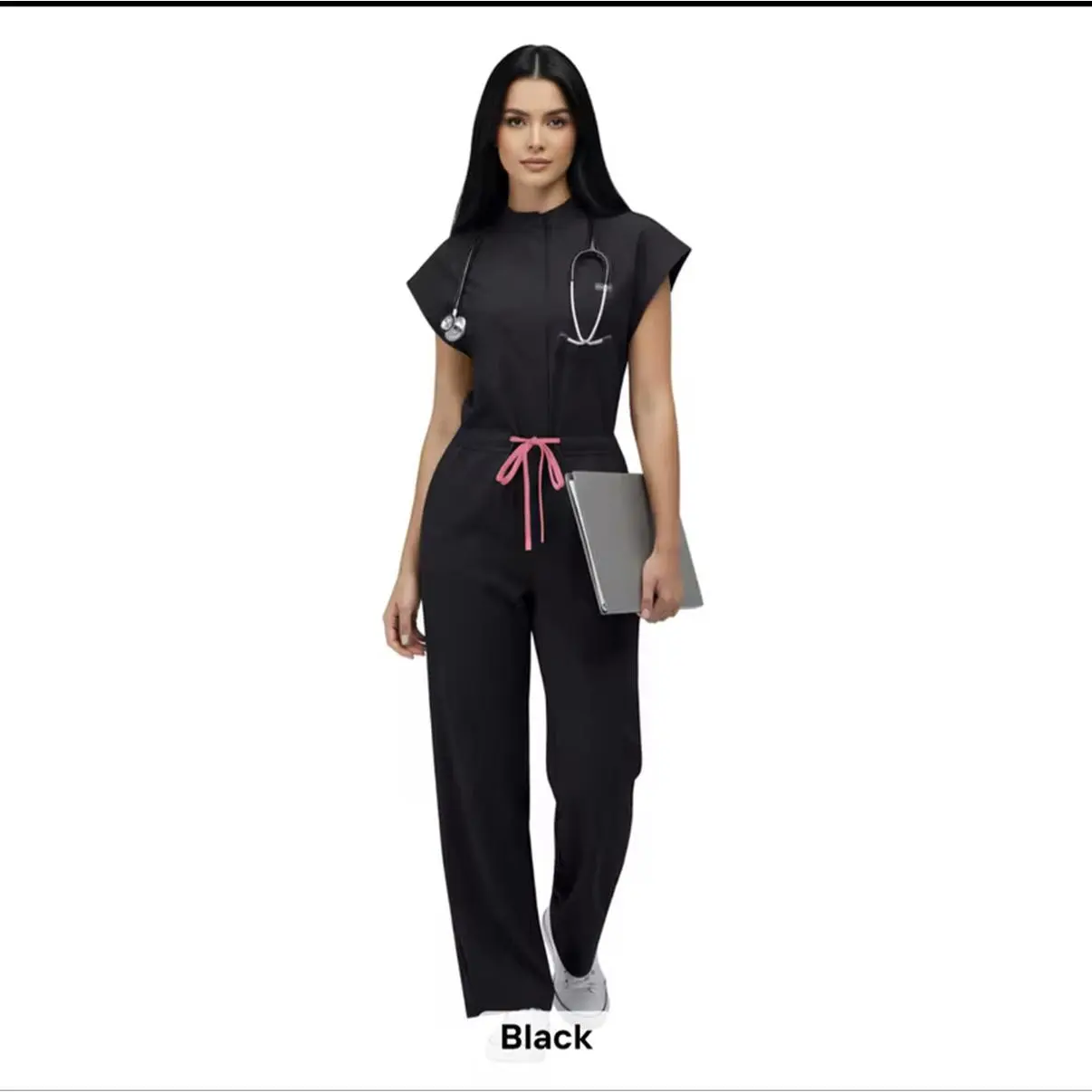 Black Nurse Scrubs Jumpsuit with Pink Tie and Stethoscope